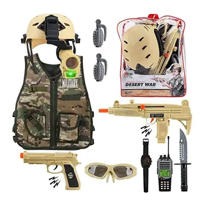 deAO Military Soldier Camouflage Desert War Costume Set with Helmet, Toy Shotgun, Toy Grenades, 