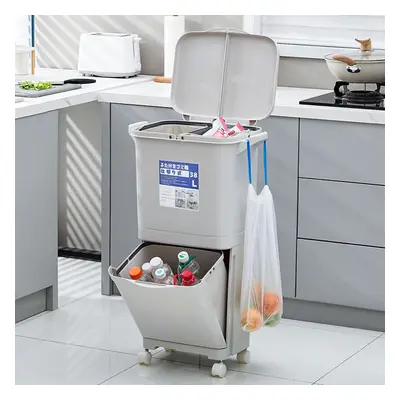 White Double-Layer Three-Compartment Trash Can with Wheels