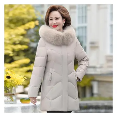 (khaki, 2XL) Real Fur Collar Middle-aged Women&apos;s Winter Down Coats Plus Size White Duck Dow