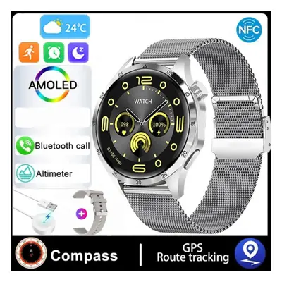 (silver, Silicone strap + Milan) Smart Watch Men Watch Pro Amoled Hd Screen Bluetooth Call Nfc H