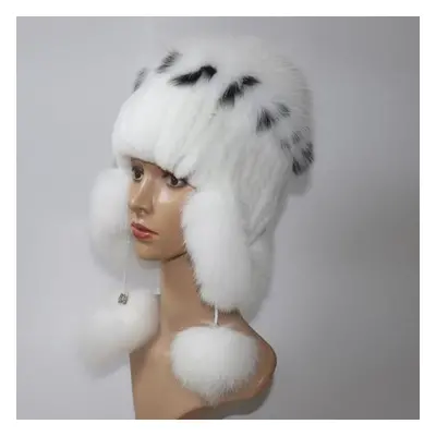 (white, Elasticity 52cm-60cm) Elastic Knitted Rex Rabbit Fur Bomber Hat Handmade Real Fur Hats W