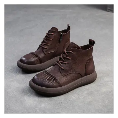 (coffee, 38) Johnature Retro Genuine Leather Short Boots Round Toe Solid Color Comfortable Simpl