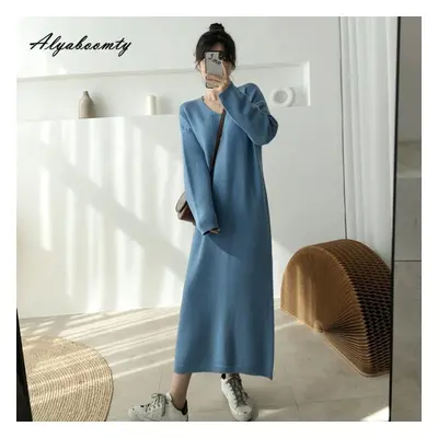 (blue, XL) Plus Size Autumn Winter Women Sweater Midi Dress Black Apricot Coffee Blue Knitting B