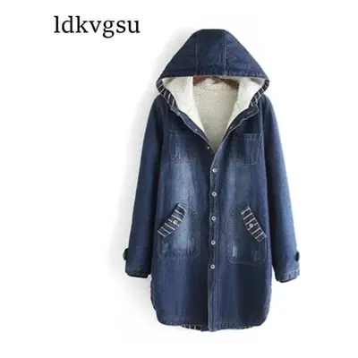 (blue, XXL) Winter Denim Jacket Women Warm Hooded Jeans Coat