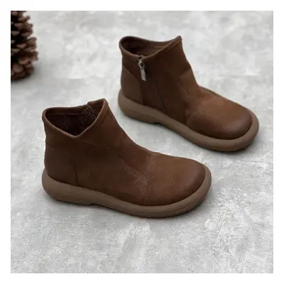 (coffee, 40) Johnature Retro Handmade Genuine Leather Round Toe Short Boots Casual Solid Color S