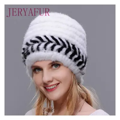 (white,black) Jeryafur Winter Women Mink Fur Woven Fur Hat Ladies Fashion Warm Padded Fur Earmuf