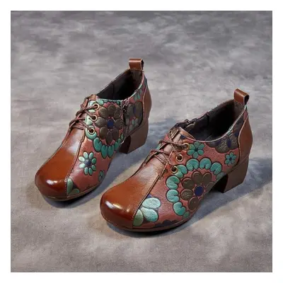 (coffee, 39) Johnature Printed Women&apos;s Shoes Genuine Leather Retro Ethnic Style Round Toe T