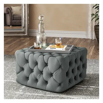 Grey Velvet Buttoned Tufted Footstool 62cm x 62cm x 40cm