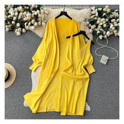 (yellow, One Size) French High-end Solid Color Knit Fashion Suit Two Pieces Set Women&apos;s Aut