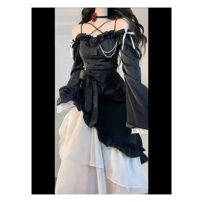 (black, L) French Style Long Sleeve Bow Fishtail Dress Women&apos;s Spring Summer New Design Sen