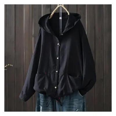 (black, One Size) Women Oversized Thin Jacket Solid Color Loose Double Layered Cotton Shirt Card