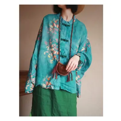 (green, One Size) Johnature Women Vintage Print Green Shirts Tops Spring Stand Long Sleeve Butto