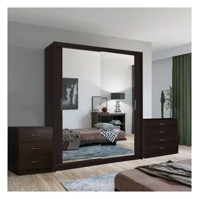 (Wenge, cm) Chen Sliding Mirror Wardrobe With Chest Drawers