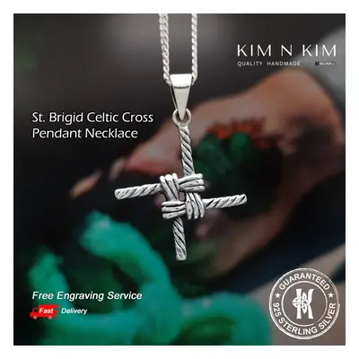 (18 inches) St. Brigid Celtic Cross Pendant Necklace /Irish /Free Engraving /925 Sterling Silver