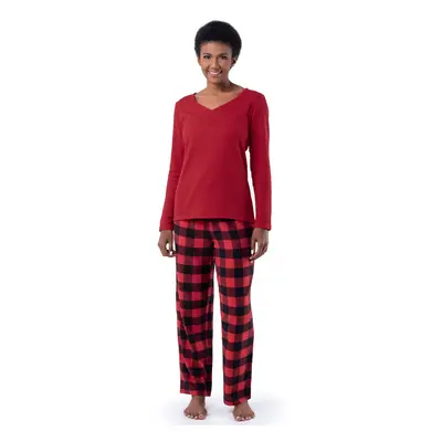 Fruit of the Loom Women's Waffle V-Neck Top and Flannel Pant Sleep Set Radiant Red/Buffalo Check