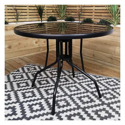 4 Person Round Black Garden Patio Table with Glass Top & Parasol Hole