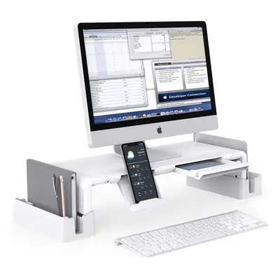 (White) Monitor Stand with Storage Functions,Height Adjustable Screen Riser With Pull-Out Drawer