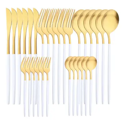 (white,gold) 6people Matte Gold Dinnerware Set 30pcs/set Dinner Knife Cake Fork Spoon Tableware 