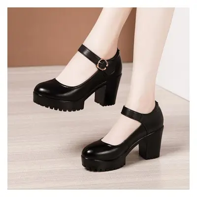 (black, 39) 8cm Spring Autumn Casual High-heeled Shoes Sexy Thick-heeled Leather Work Shoes Wome