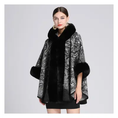 (black, One Size) Winter Women&apos;s Shawl Cape Fur Collar Jacquard Hooded Large Size Seven-poi