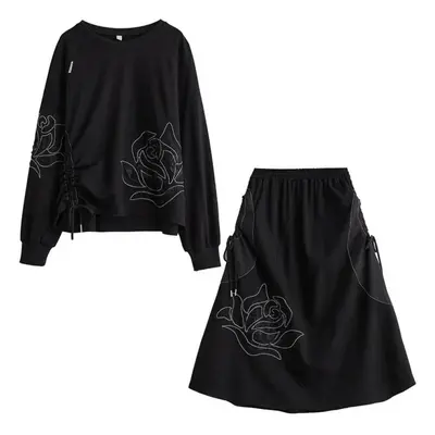 (black, One Size) Xitao Loose Folds Patchwork Two Piece Set Irregular Skirt Women Pullover Top H