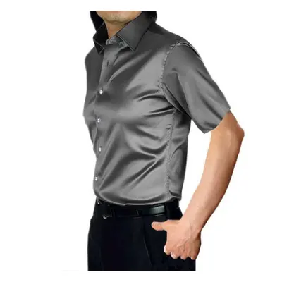 (185cm, as the picture) Loose Silk Satin Shirt Men Brand Short Sleeve Men Dress Shirts High Qual