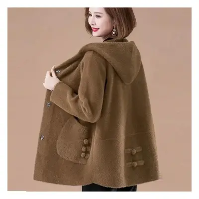 (camel, XL) Mid Aged And Elderly Spring And Autumn New Mink Fleece Women&apos;s Coat High Grade 