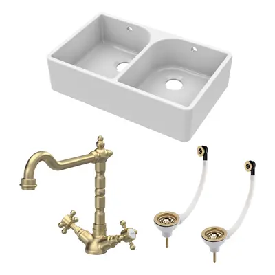 Fireclay Kitchen Bundle - Double Bowl Full Weir Butler Sink, Wastes & French Classic Tap, 795mm 