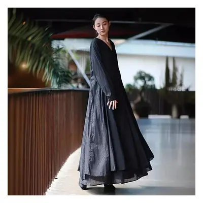 (black, M) Johnature Woman Spring Chinese Style Long Sleeves Retro Dress Fashion Solid Color V-n