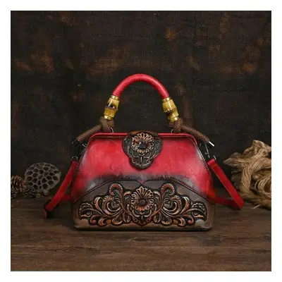 (red) Ladies Luxury Handbag New Vintage Handmade Leather Carved Women Tote Bag Versatile Female 