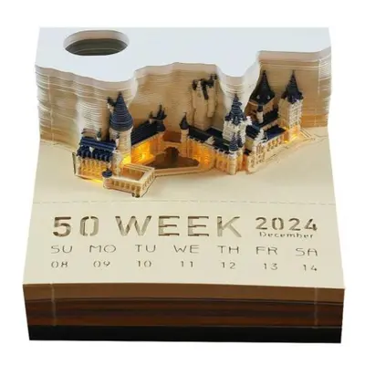 (B) Set Weekly Calendar Creativity 3D Castle Calendar With Led Lights Paper Carving Art Desk Cal