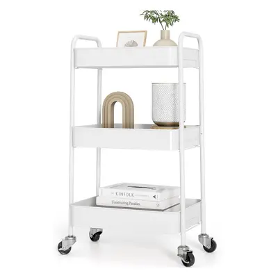 (Stander 3-Tier, White) Tier Rolling Trolley, Metal, Trolley with Wheels and Handle