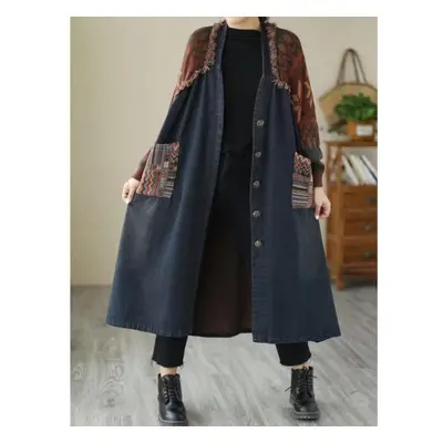 (blue, One Size) Johnature Women Vintage Denim Patchwork Trench V-neck Long Sleeve Button Autumn