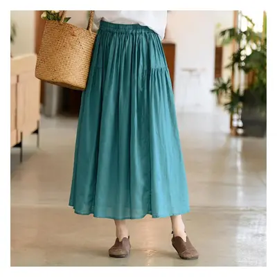 (carolina blue, One Size) Johnature Women High Waist Ramie Skirts Solid Color Belt Elastic Waist