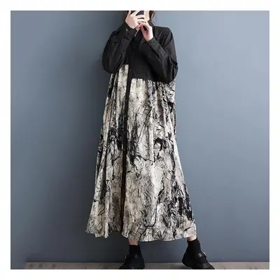 (as the picture, One Size) Xitao Casual Loose Patchwork Full Sleeve Print Dress Dmj2095