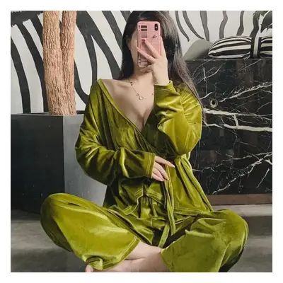 (green, XL) Women&apos;s Sexy Gold Velvet Pajamas Set V-neck Japanese Kimono Homewear Spring Lon