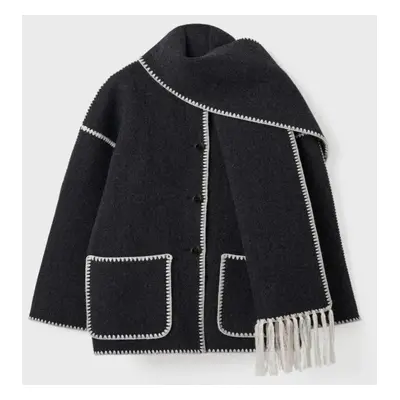 (white, XL) Woolen Jacket Women Autumn Patchwork Tassel Scarf Single Breasted Pocket Coats Casua