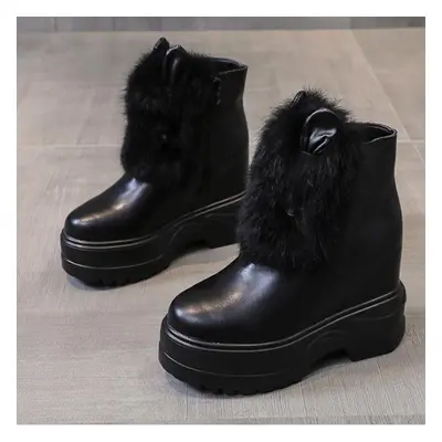 (black, 38) New Chunky Boots Women Rabbit Fur Waterproof High Platform Warm Sneakers Winter Leat