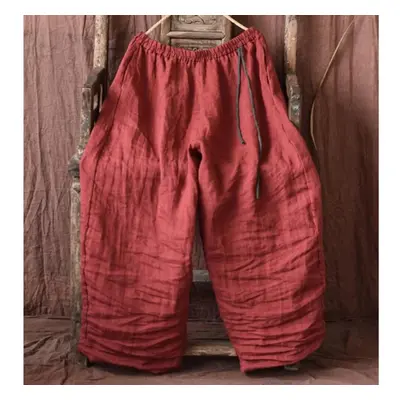 (dark red, One Size) Johnature Women Vintage Loose Spring Wide Leg Pants Elastic Waist Linen Tro