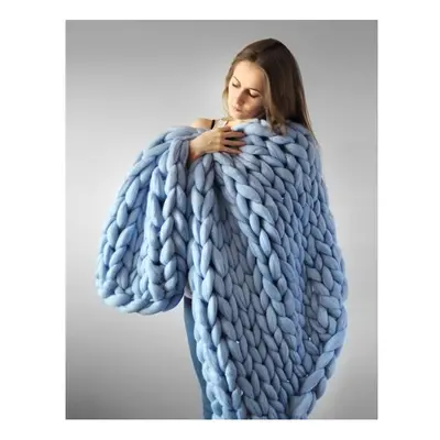 (blue 80*100cm) Soft Luxury Chunky Knitted Blanket Thick Yarn Bulky Knit Throw