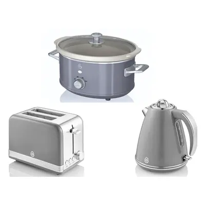 SWAN Retro Grey Jug Kettle Slice Toaster & 3.5L Slow Cooker Set