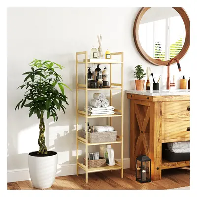 HOMCOM 5-Tier Bamboo Bathroom Storage Shelf with Adjustable Rack, Natural