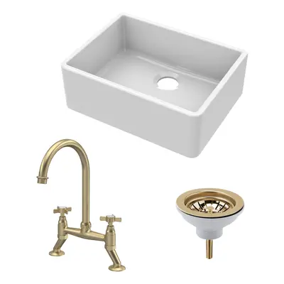 Fireclay Kitchen Bundle - Single Bowl Butler Sink, Strainer Waste & Bridge Crosshead Mixer Tap, 