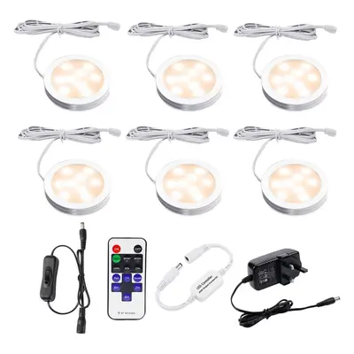 (Warm White) Under Cabinet Lighting Kit Dimmable with Wireless RF Remote,UK Plug,6 Pack Round Di