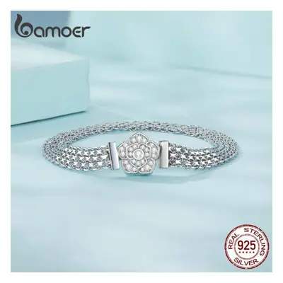 (21) Bamoer Sterling Silver Rose Basic Bracelet Hollow-out Wide Band Chain Platinum Plated For W