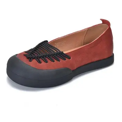 (red, 38) Johnature Handmade Retro Loafers Genuine Leather Flat Shoes Round Toe Soft Sole Casual