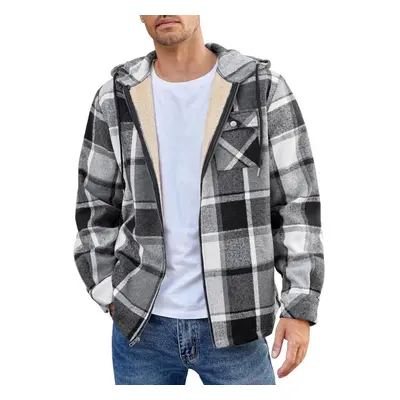 (gray, XL) Men&apos;s Quilted Lined Button Down Plaid Shirt Add Velvet To Keep Warm Jacket With 