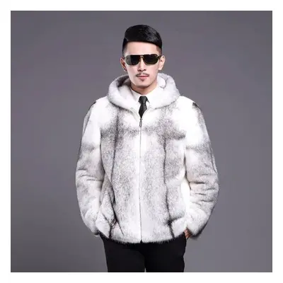 (as the picture, XXXXXL) Men&apos;s Fur Mink Coat Hooded Slim-fit Zipper Short Casual Jacket Plu