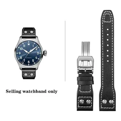 (Black-silver 22mm) High Quality Genuine Leather Rivets Watchband 21mm 22mm Fit For Iwc Big Pilo