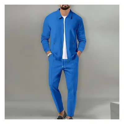 (blue, XXL) Men&apos;s Casual Suit Long Sleeve Top And Pants Stylish Solid Color High Quality Su